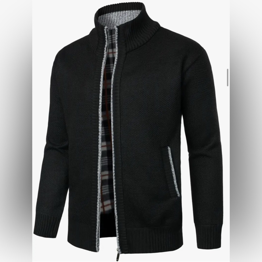 NEW Black Zip Up Sweater with Stand-Up Collar - SZ L